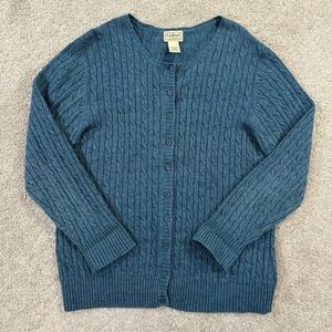 L.L. Bean Cable Knit Cardigan Sweater XL Teal Lambswool Blend Button Front
